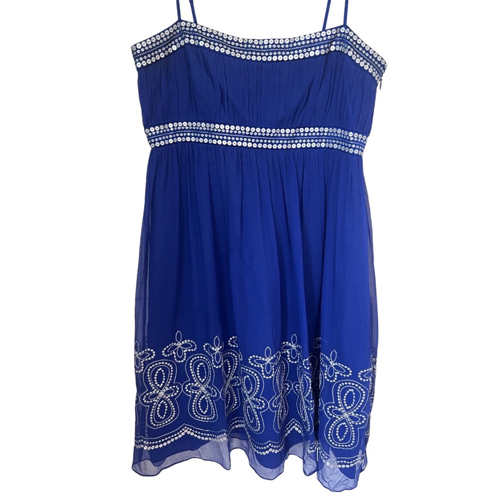 Maggy London Blue Midi Dress with White Embroidery